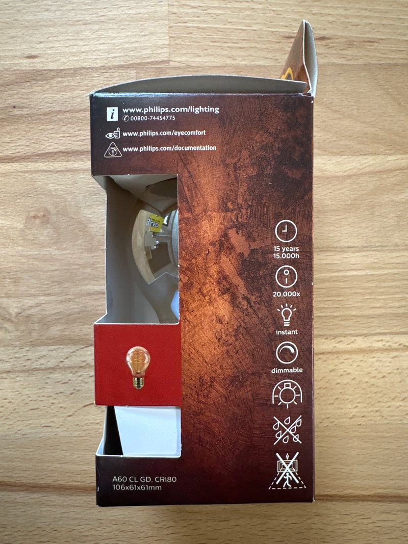 Philips Vintage LED Bulb E27 Pear Gold 4W 250lm - 818 Extra Warm White - Dimmable - Replaces 25W - LED Spares 