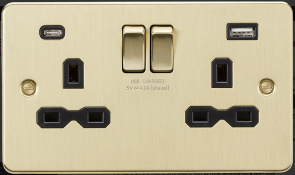 Knightsbridge FPR9940BB 13A 2G SP Switched Socket with Dual USB A+C (5V DC 4.0A shared) - Brushed Brass with black Insert - LED Spares