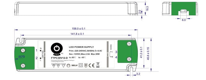POS Power FTPC30V24-D 30W 24V/1.25A Triac Dimmable LED Power Supply - LED Spares