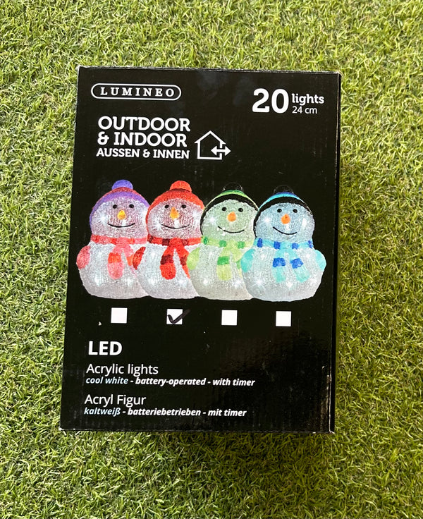 24cm Acrylic Christmas Snowman - Outdoor/Indoor 20 LED Battery Scarf/Hat & Timer -  LED Spares