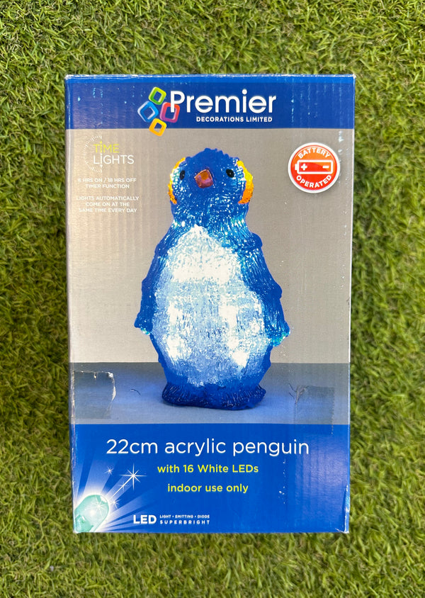 22cm Acrylic Christmas Penguin - Indoor 16 White LEDs & Timer - LED Spares