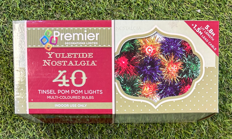 Vintage Yuletide Nostalgia 40 Tinsel Pom Pom Christmas Lights Multi-Coloured Bulbs - LED Spares