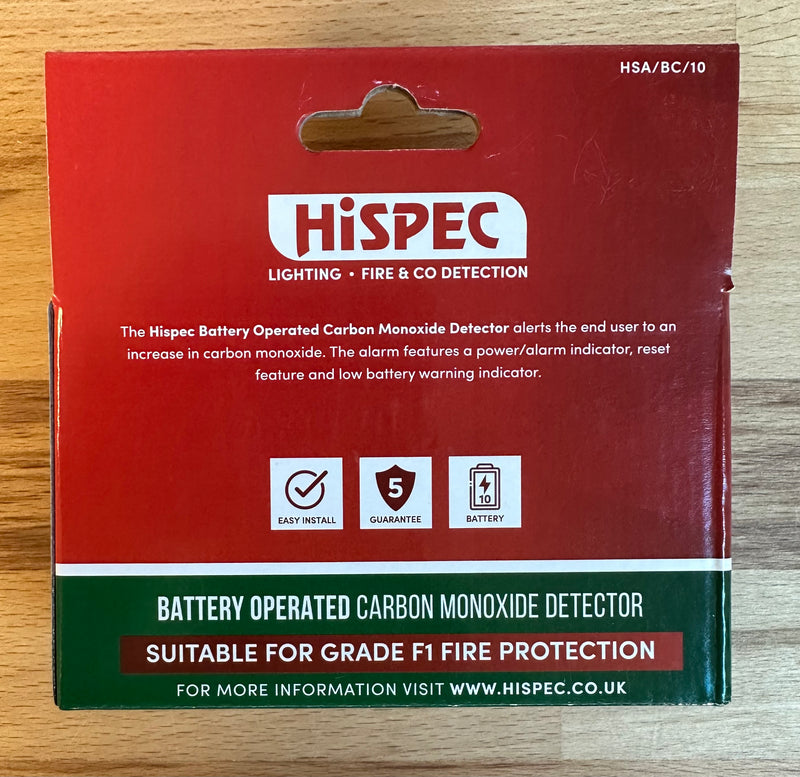 Hispec HSA/BC/10 Battery 10-year Lithium Battery Carbon Monoxide Detector Alarm - LED Spares