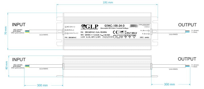 GLP GTMC-100-24-D 100W 4.2A 24V IP67 Triac Dimmable LED Power Supply - LED Spares