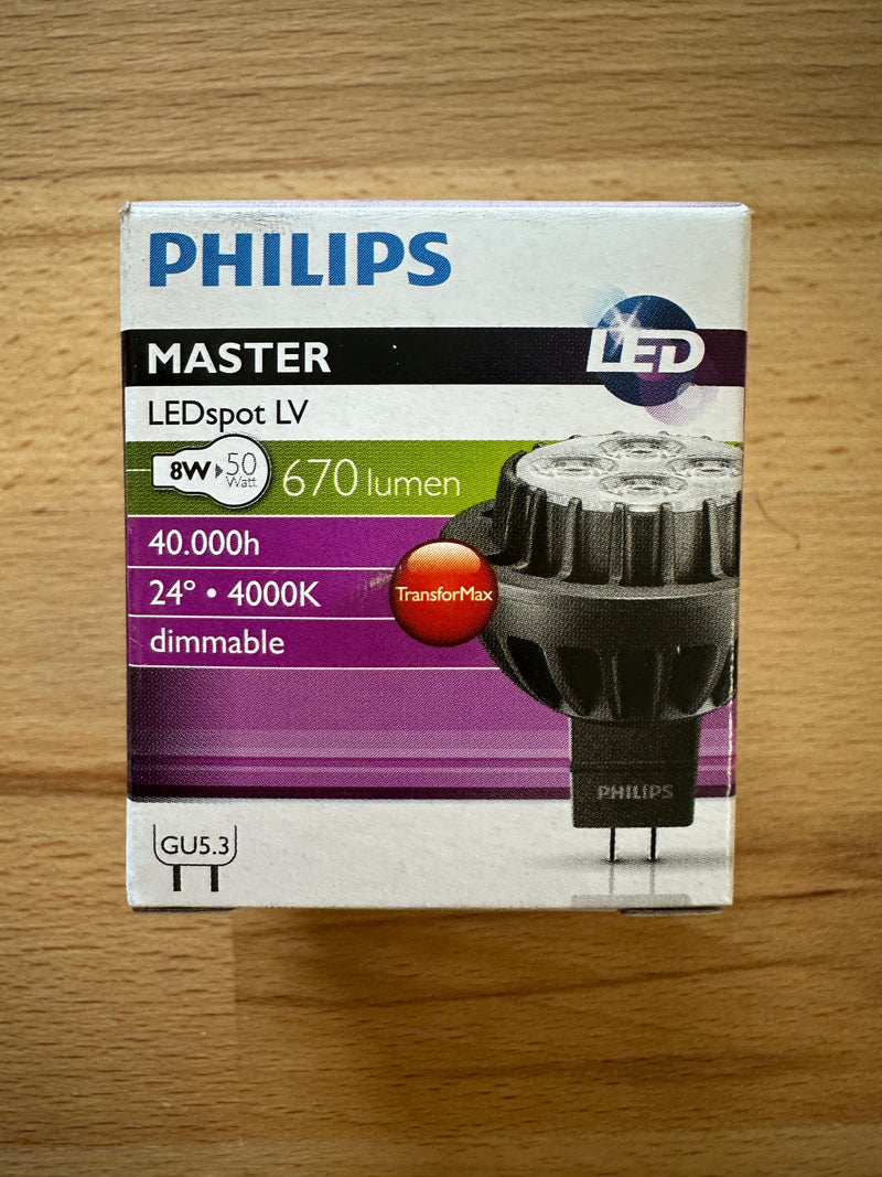 Philips LED Spot LV GU5.3 MR16 8W 840 24D (MASTER) - Cool White - Dimmable - Replaces 50W - LED Spares