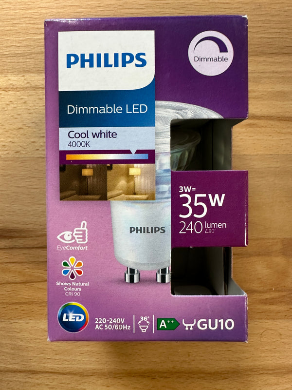 Philips Dimmable LED 3W=35W 240lm GU10 4000K - LED Spares