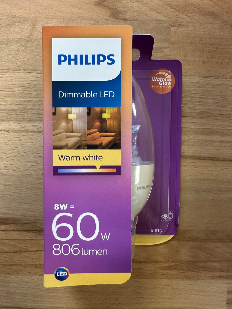 Philips Candle Warm Glow Dimmable 8W=60W 806lm E14 B40 Warm White - LED Spares