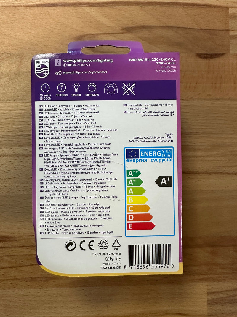 Philips Candle Warm Glow Dimmable 8W=60W 806lm E14 B40 Warm White - LED Spares