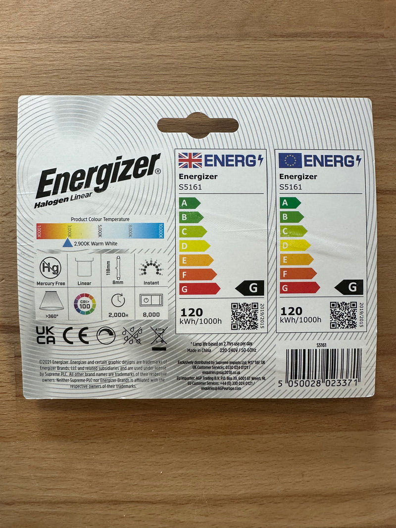 Energizer Halogen R7s Linear 2250lm 120W 2900K 118mm Warm White Dimmable Pack of 2 - LED Spares