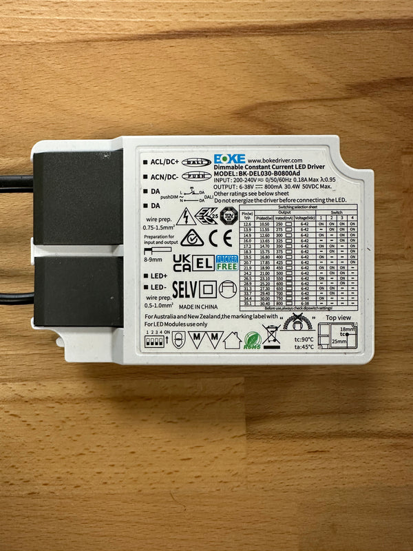 BOKE BK-DEL030-B0800Ad DALI & PushDIM LED Driver 30.4W 250-800mA - LED Spares