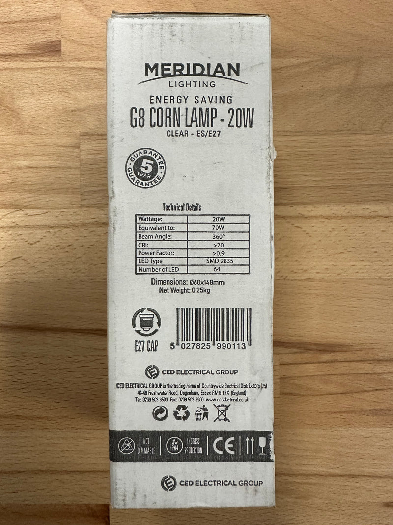 MERIDIAN 20W E27 G8 CLEAR CORN LAMP 2700LM IP64 6500K - LED Spares
