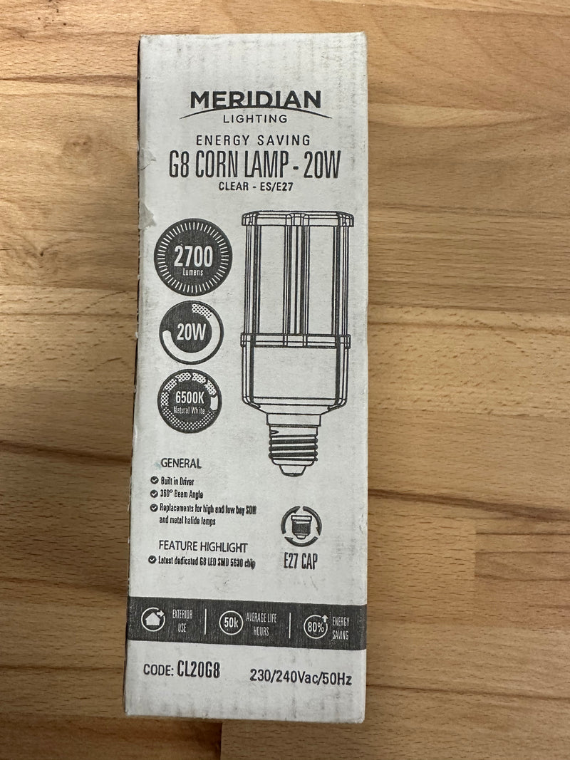 MERIDIAN 20W E27 G8 CLEAR CORN LAMP 2700LM IP64 6500K - LED Spares