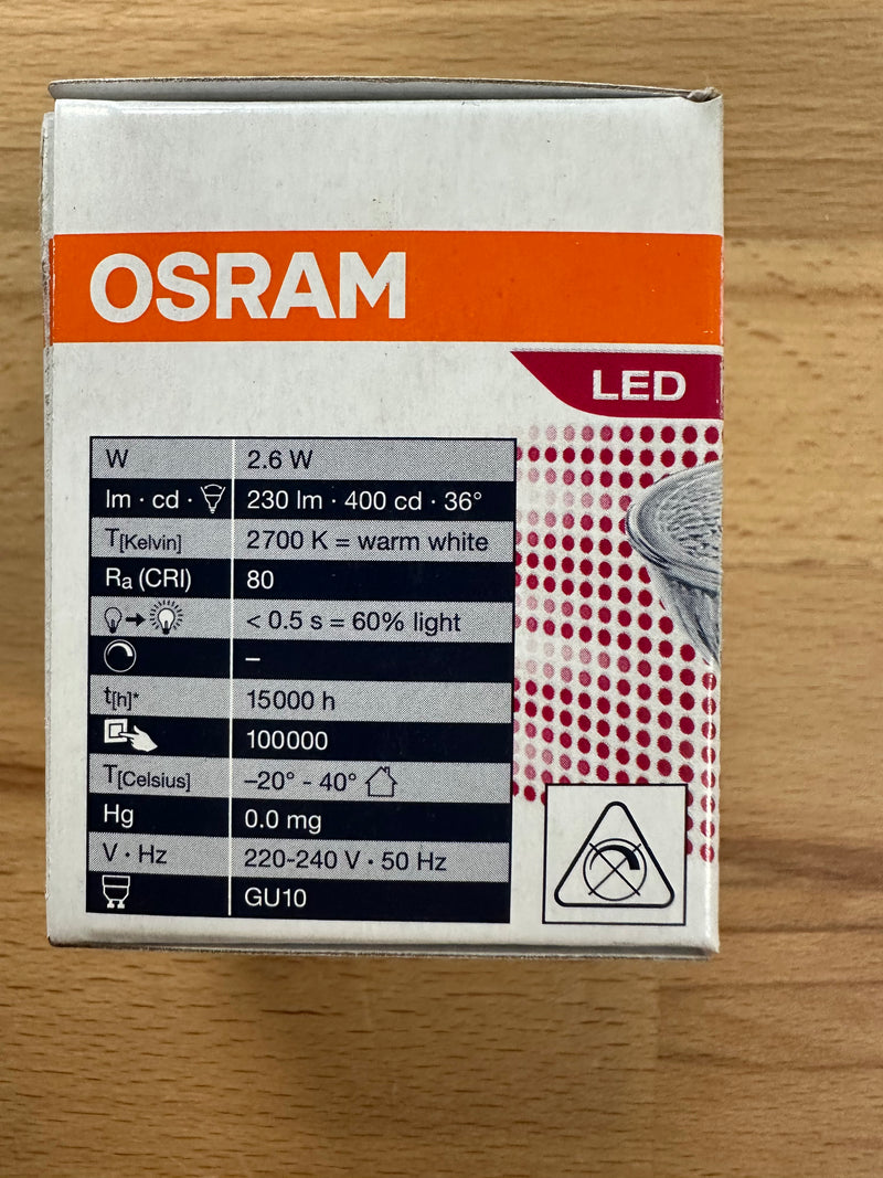 Osram Parathom LED Spot GU10 PAR16 2.6W 230lm 36D 827 - LED Spares