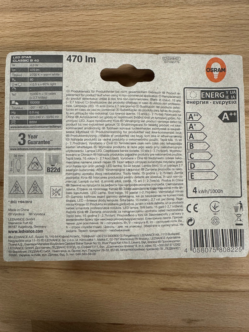 Osram LED Star Classic B Candle 4W(40W) B22 Warm White - LED Spares
