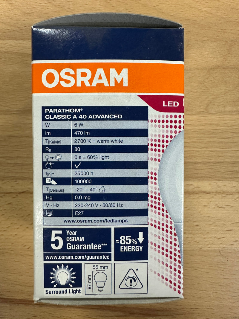 Osram Parathom Classic A 40 Advanced 2700K E27 LED Lamp 6W = 40W - LED Spares