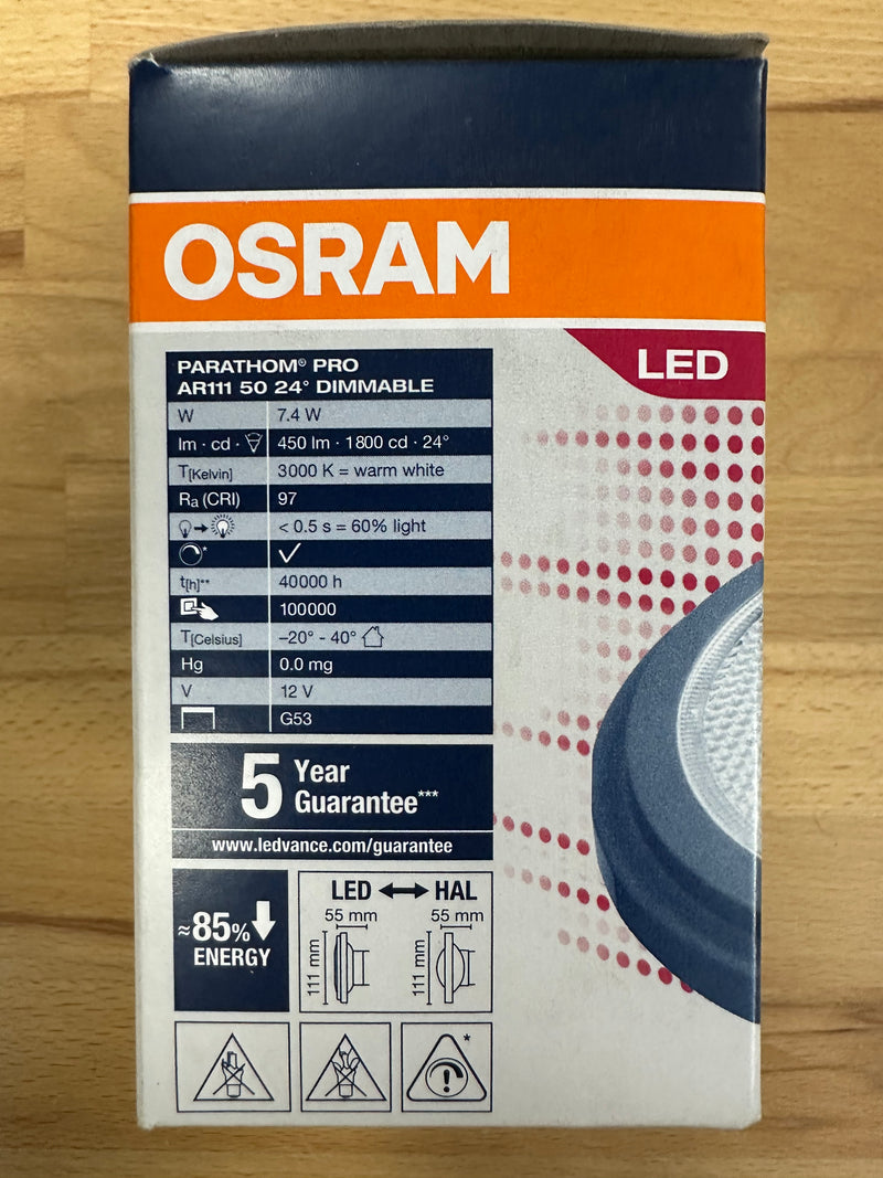 Osram PARATHOM PRO AR111 50 24° 7.4W = 50W G53 Reflector - LED Spares