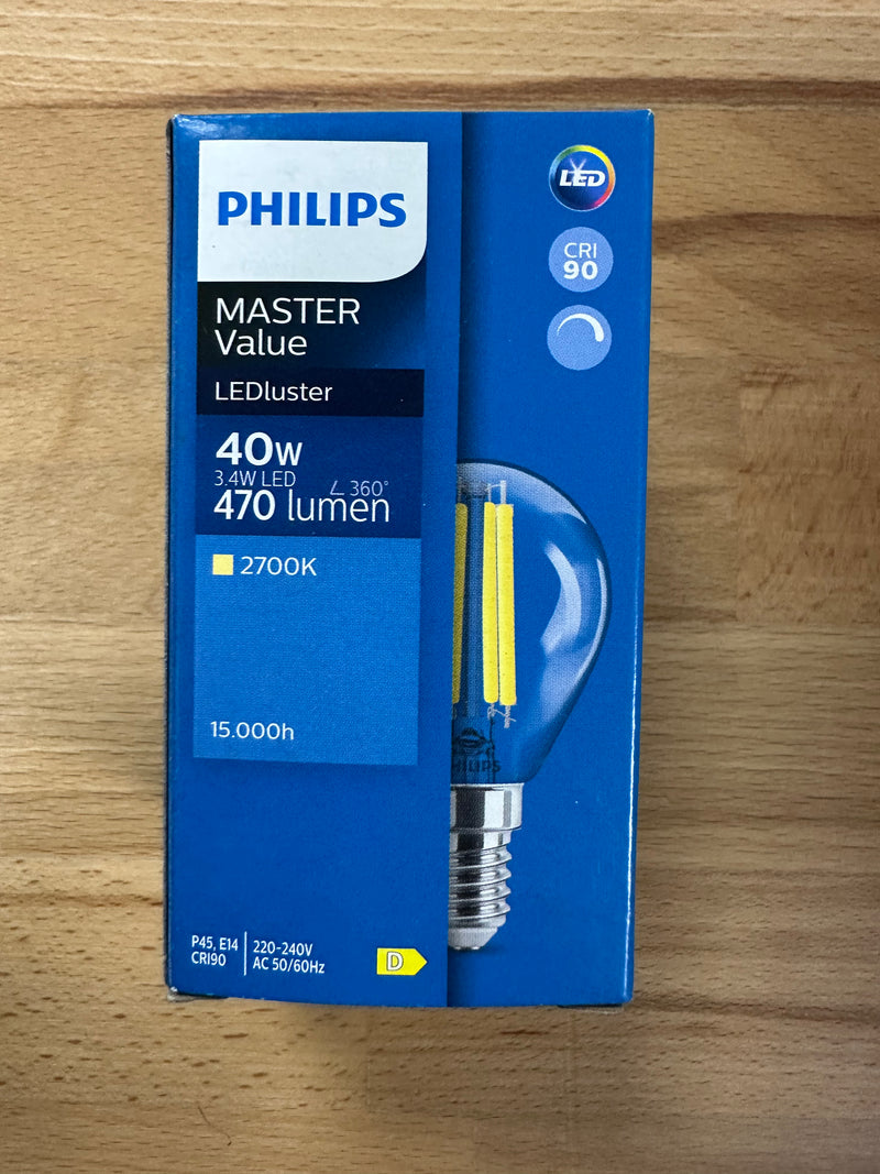 Philips Master Value LED Lustre E14 Ball Filament Clear 3.4W 470lm Warm White Dimmable - LED Spares