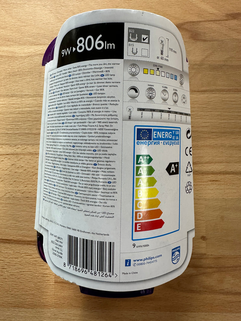 Philips Warm Glow LED 9W Warm White Dimmable B22 - LED Spares