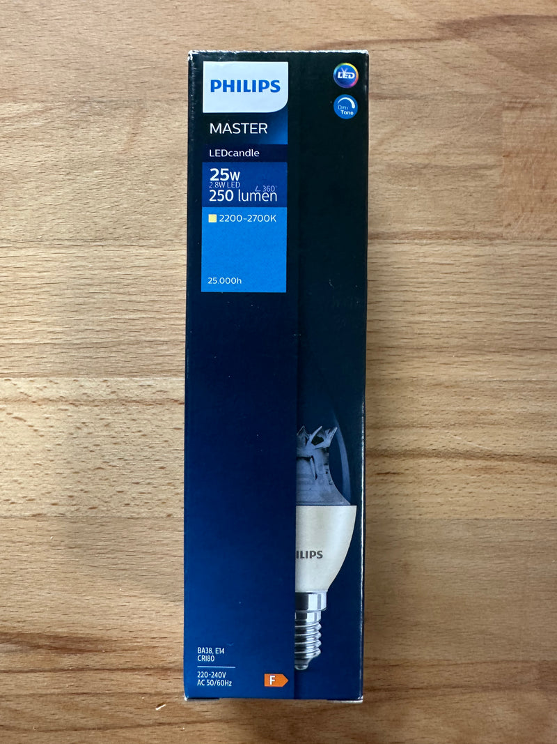 Philips MASTER LED Candle E14 Bent-tip Crown Clear 2.8W 250lm 822-827 Dim To Warm - LED Spares