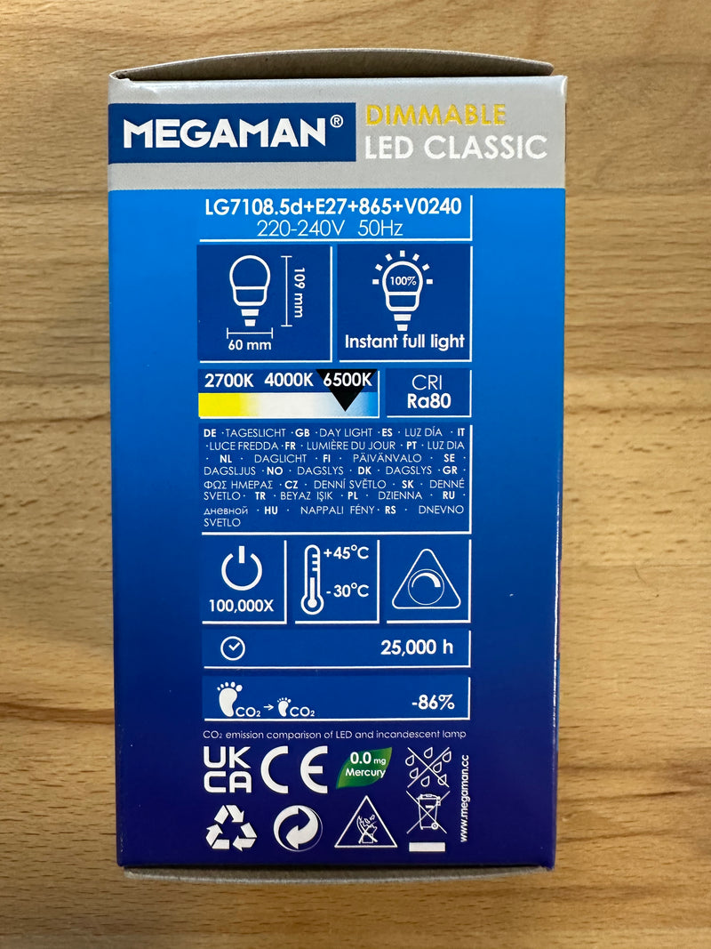 Megaman 8.5W GLS Classic Opal Dimming E27 6500K - 711262 - LED Spares