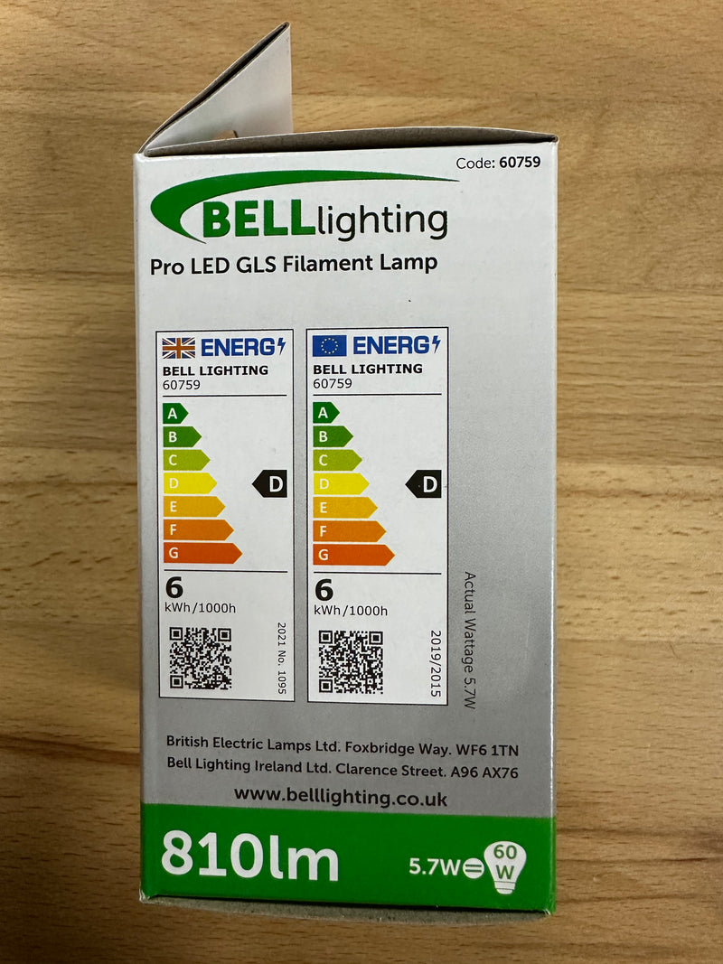 BELL LED 5.7W Clear Filament GLS - BC - 4000K - 60759 - LED Spares