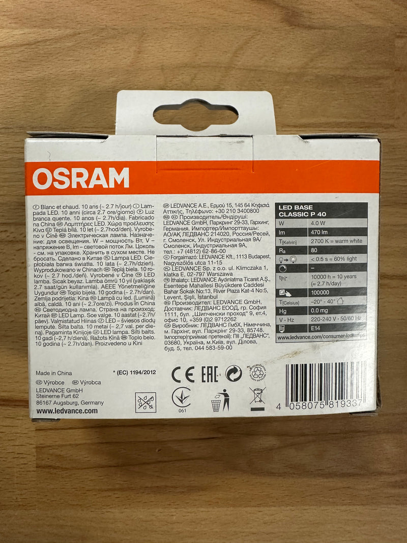 Osram Classic P 40 LED 470lm 4W Warm White E14 Pack of 3 - LED Spares