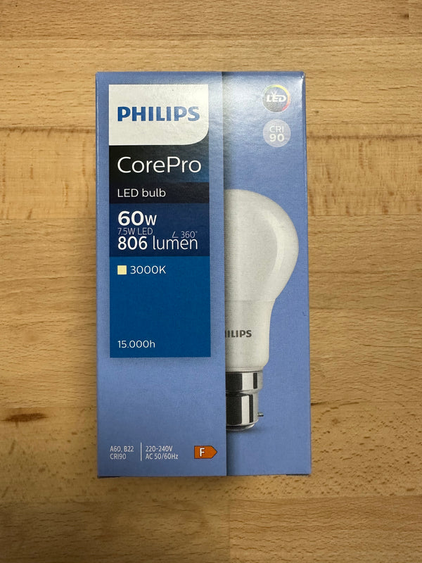 Philips CorePro LED 7.5W = 60W B22 GLS/A60 930 - 3000K - 929003002499 - LED Spares