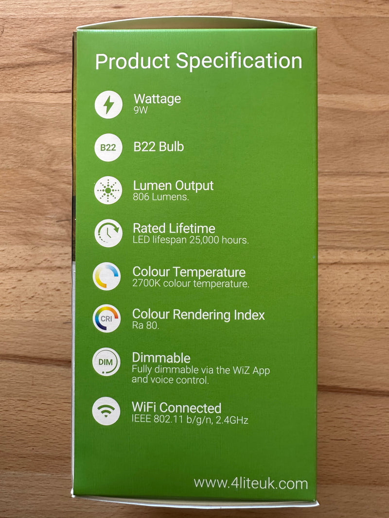 4Lite WiZ Connected Smart LED WiFi Bulb GLS Warm White - BC (B22) - 4L1-8001 - LED Spares