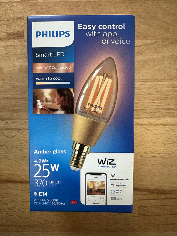 Philips Smart LED Wiz 4.9W = 25W 370lm Filament Candle Amber E14 - LED Spares