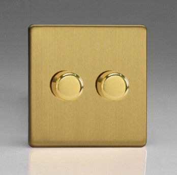 Varilight Brushed Brass Screwless V-PRO Professional 2 Gang 2 Way Push On Off LED Dimmer 2 x 0W-120W - LED Spares