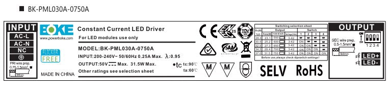 BOKE BK-PML030A-0750A 31.5W 550-750mA Linear LED Driver - LED Spares