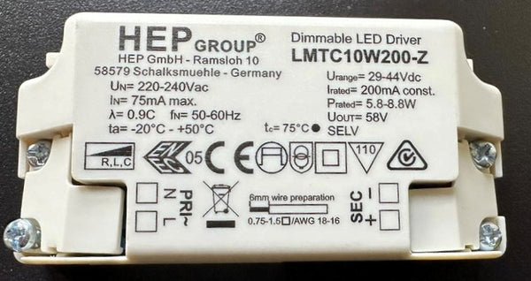HEP Group LMTC10W200-Z 5.8-8.8W 200mA Triac Dimmable LED Driver - LED Spares