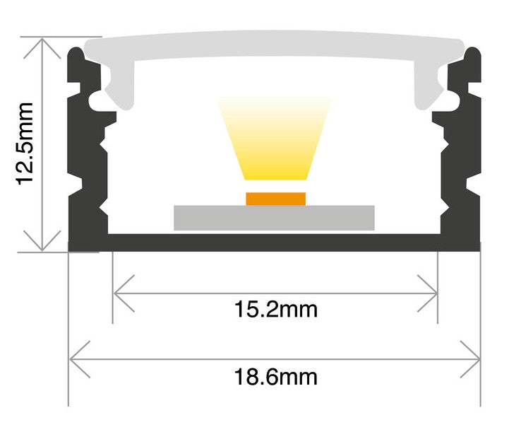 Profile Aluminium Surface Mount 2M Frosted Diffuser 18.6 X 12.5mm Inc End Caps & Clips - LED Spares