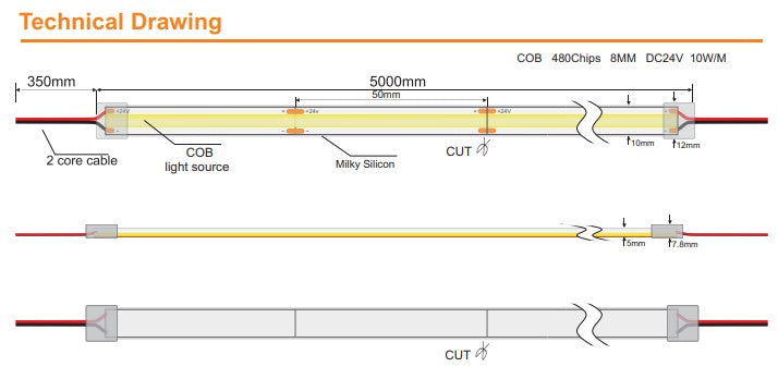 COB IP67 Spotless 10W 3000K 24V LED Tape 5M - LED Spares