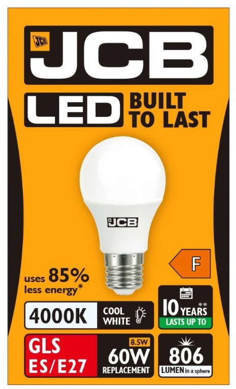 S12504 JCB LED GLS E27 (ES) 806lm 8.5W 4,000K (Cool White), Box of 1 - LED Spares