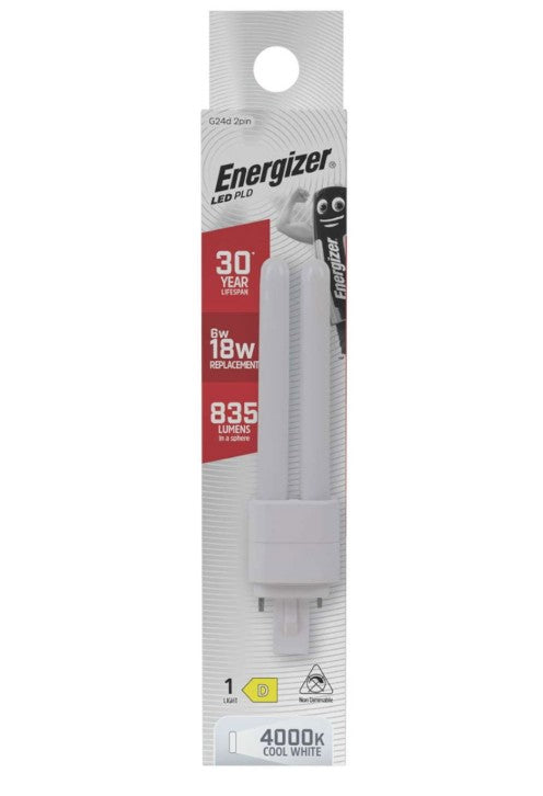 Energizer 6W=18W LED PLD (PL-C) G24d 2Pin 835lm 4000K (Cool White) - S30422 - LED Retro