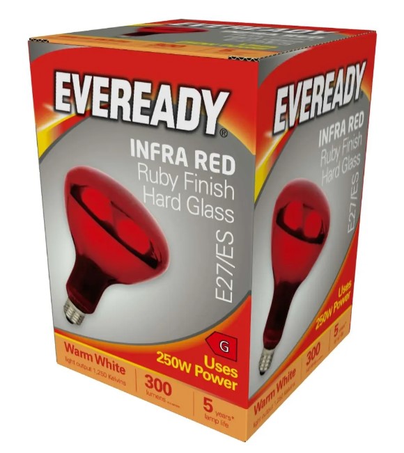 Eveready Infra-Red Heater Lamp Ruby Finish E27 (ES) 300lm 250W 2000K Warm White - LED Spares