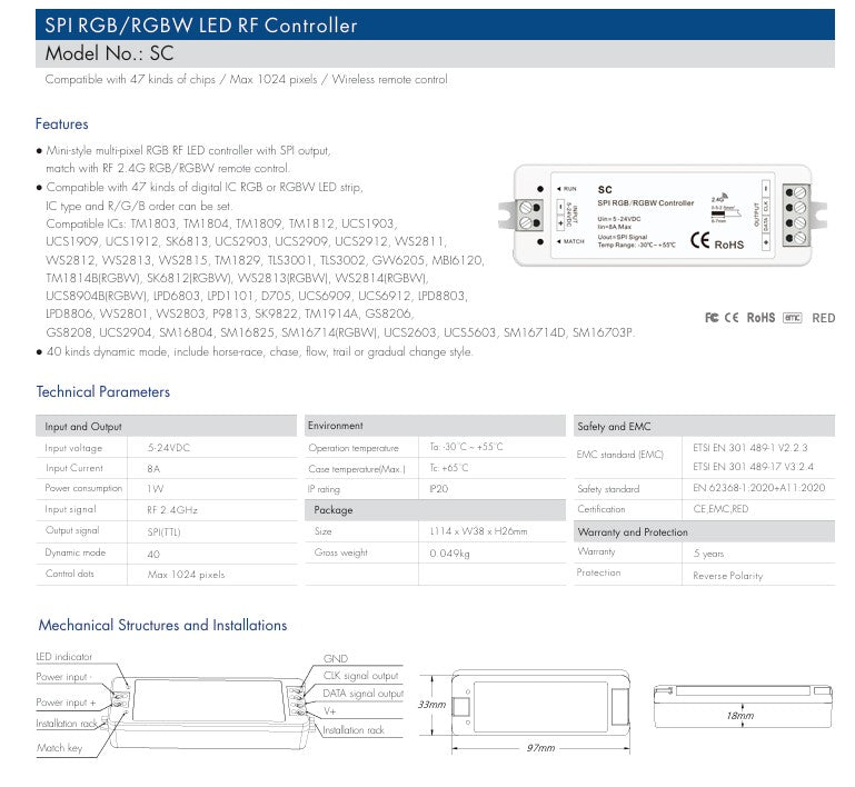 LED 5-24V DC SPI Controller & Remote Set For RGB Pixel Strip - SC+R9 - LED Spares