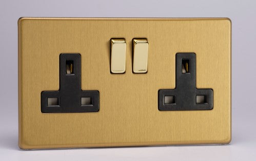 Varilight Screwless Brushed Brass 2 Gang 13A Double Pole Switched Socket - Black Insert - LED Spares
