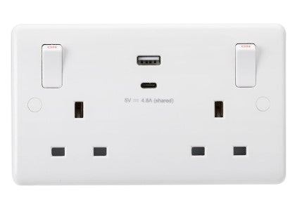 Knightsbridge CU9002 White 2 Gang Curved Edge 13A SP Switched Socket With Outboard Rockers & Type A + Type C USB Charger Outlets - LED Spares
