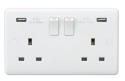 Knightsbridge CU9904 White 2 Gang Curved Edge 13A SP Switched Socket With Dual 3.1A Type A USB Charger Outlets - LED Spares
