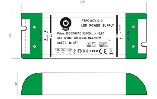 POS Power FTPC100V24-D 100W 24V/4.17A Triac Dimmable LED Power Supply - LED Spares