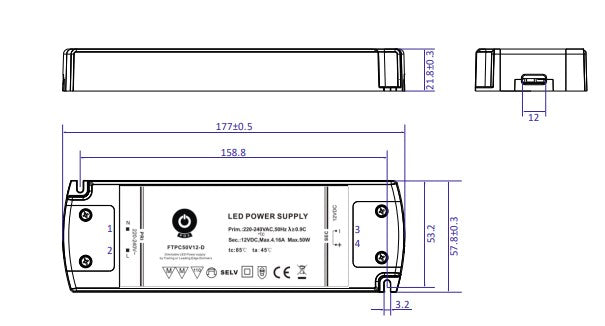 POS Power FTPC50V12-D 50W 12V/4.16A Triac Dimmable LED Power Supply - LED Spares