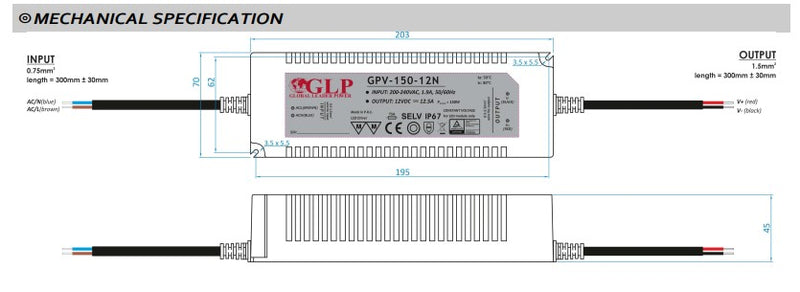 GLP GPV-150-24 144W 24V/6A CV IP67 LED Power Supply