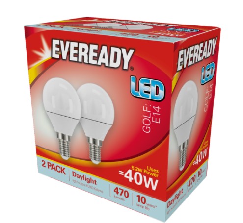 Eveready LED Golf Ball 5.2W 470LM Opal E14 (SES) 6,500K (Daylight) - Pack of 2 - LED Spares