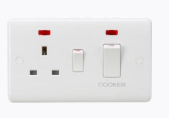 Knightsbridge CU8333NW White Curved Edge 45A DP Cooker Control Switch With 13A Switched Socket & Neons -White Rockers - LED Spares
