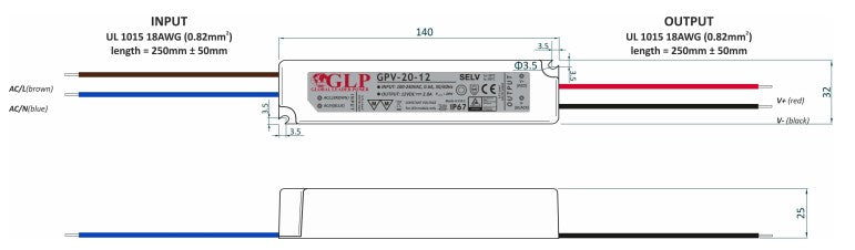 GLP GPV-20-12 24W 12V/2A IP67 LED Power Supply - LED Spares