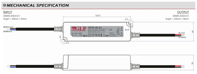 GLP GPVP-40-24 40W 24V/1.7A CV IP67 LED Power Supply - LED Spares