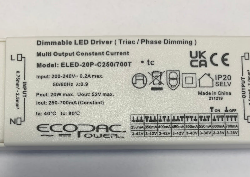 ECOPAC ELED-20P-C250/700T Triac Dimmable LED Driver 20W 250-700mA - LED Spares
