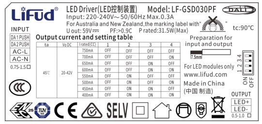 Lifud LF-GSD030PF 17-32W 400-750mA DALI Dimmable LED Driver 20-42V - LED Spares